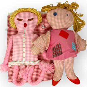 2 Vintage Gingham PartyGirl RagDolls + SleepingBag Handmade Pink Red Blonde